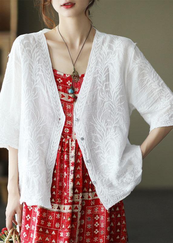 Luxury White Cotton V Neck Embroideried Floral Half Sleeve Tops - SooLinen