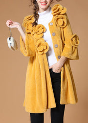 Luxury Yellow Pockets Button Floral Fall Coat