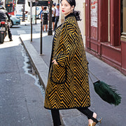 Luxury black yellow striped long coat Loose fitting o neck Coats boutique pockets wool jackets