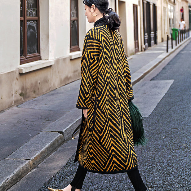 Luxury black yellow striped long coat Loose fitting o neck Coats boutique pockets wool jackets