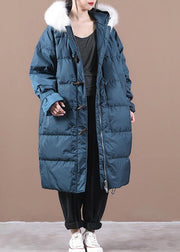 Luxury blue warm winter coat plus size pockets snow jackets hooded fur collar Elegant Jackets - SooLinen