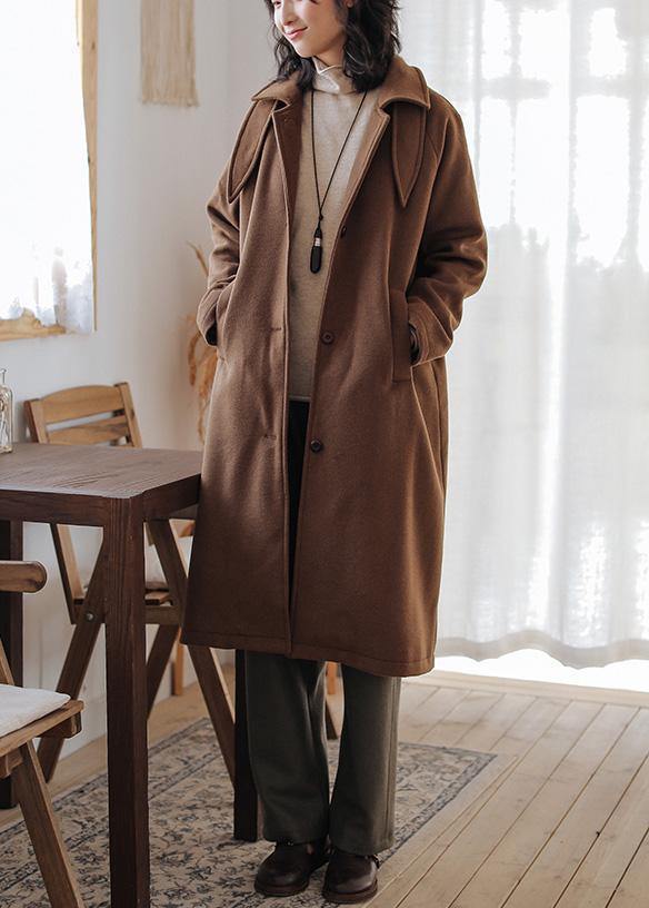 Luxury brown wool coat for woman oversize pockets Notched Coats - SooLinen