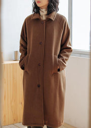 Luxury brown wool coat for woman oversize pockets Notched Coats - SooLinen