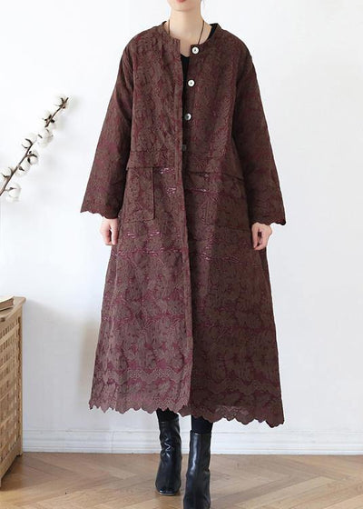 Luxury chocolate women coats oversize warm winter coat o neck Jacquard outwear - SooLinen