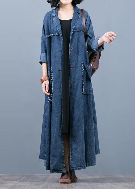 Luxury denim blue coat oversize fall coat Notched Large pockets Coats - SooLinen