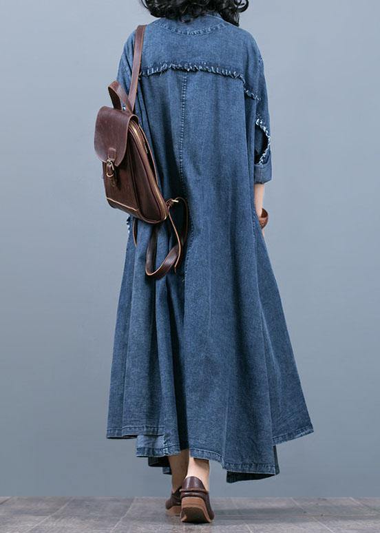 Luxury denim blue coat oversize fall coat Notched Large pockets Coats - SooLinen