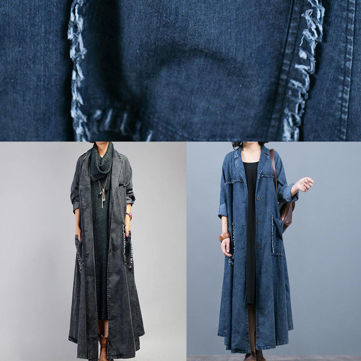 Luxury denim blue coat oversize fall coat Notched Large pockets Coats - SooLinen