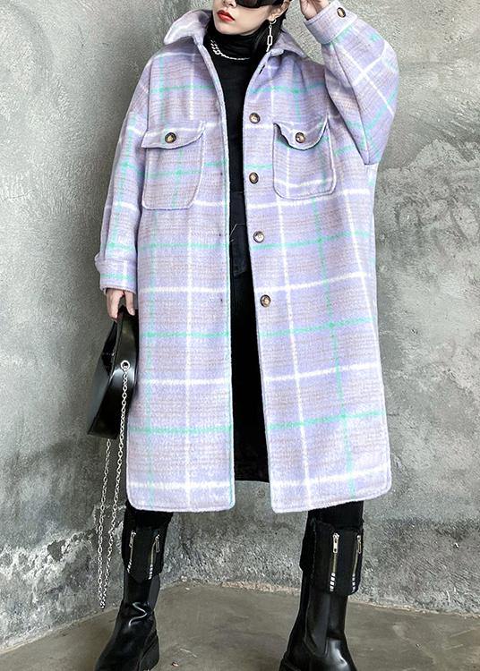 Luxury light blue plaid wool coat winter lapel asymmetric coats - SooLinen