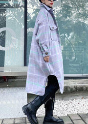 Luxury light blue plaid wool coat winter lapel asymmetric coats - SooLinen