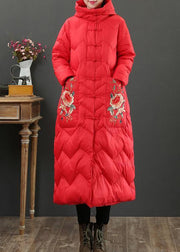 Luxury oversize down jacket coats red embroidery hooded warm winter coat - SooLinen