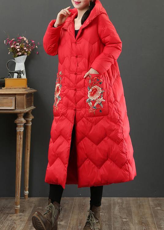 Luxury oversize down jacket coats red embroidery hooded warm winter coat - SooLinen