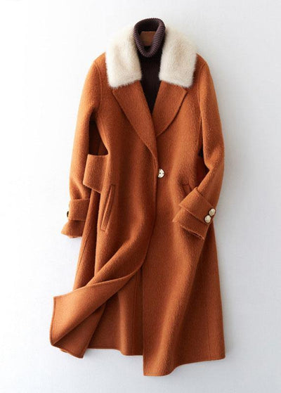 Luxury oversize trench coat fur collar brown Notched woolen overcoat - SooLinen