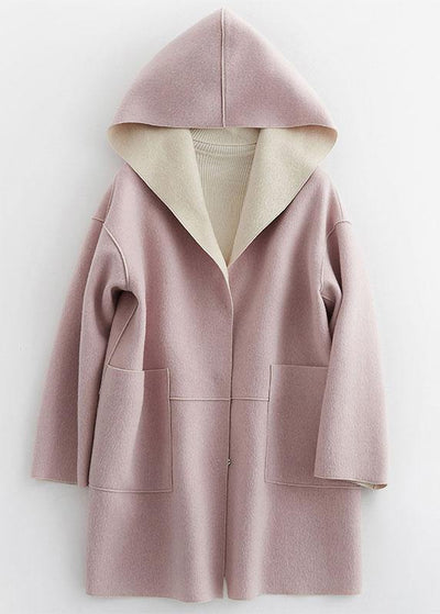 Luxury oversize winter coat hooded woolen outwear pink pockets wool coat - SooLinen