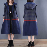 Luxury trendy plus size maxi coat fall blue hooded patchwork Coat - SooLinen