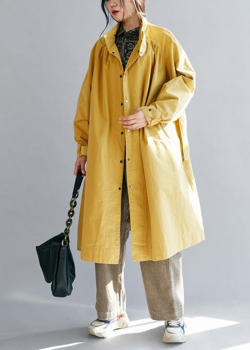 Luxury yellow womens coats Loose fitting winter jacket stand collar tie waist winter outwear - SooLinen