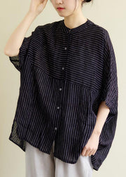 Modern Black Button Striped Tops Half Sleeve