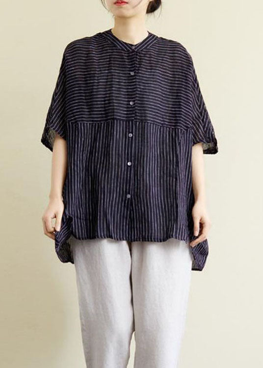 Modern Black Button Striped Tops Half Sleeve