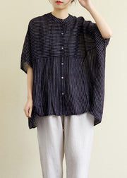 Modern Black Button Striped Tops Half Sleeve