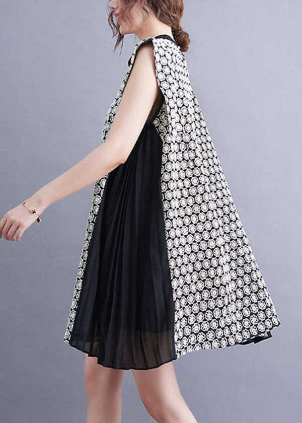 Modern Black O-Neck Chiffon Patchwork Print Cotton A Line Dress Sleeveless