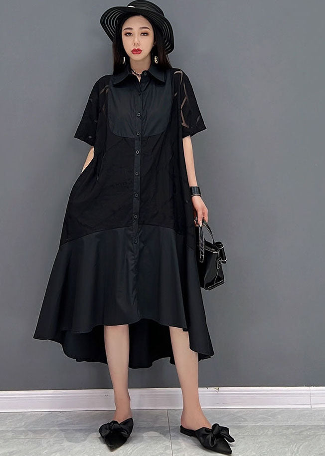 Modern Black Peter Pan Collar Patchwork Cotton Shirt Dress Short Sleeve