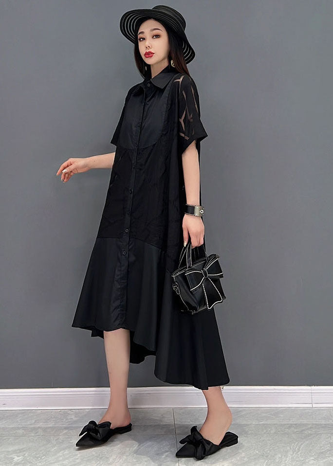 Modern Black Peter Pan Collar Patchwork Cotton Shirt Dress Short Sleeve