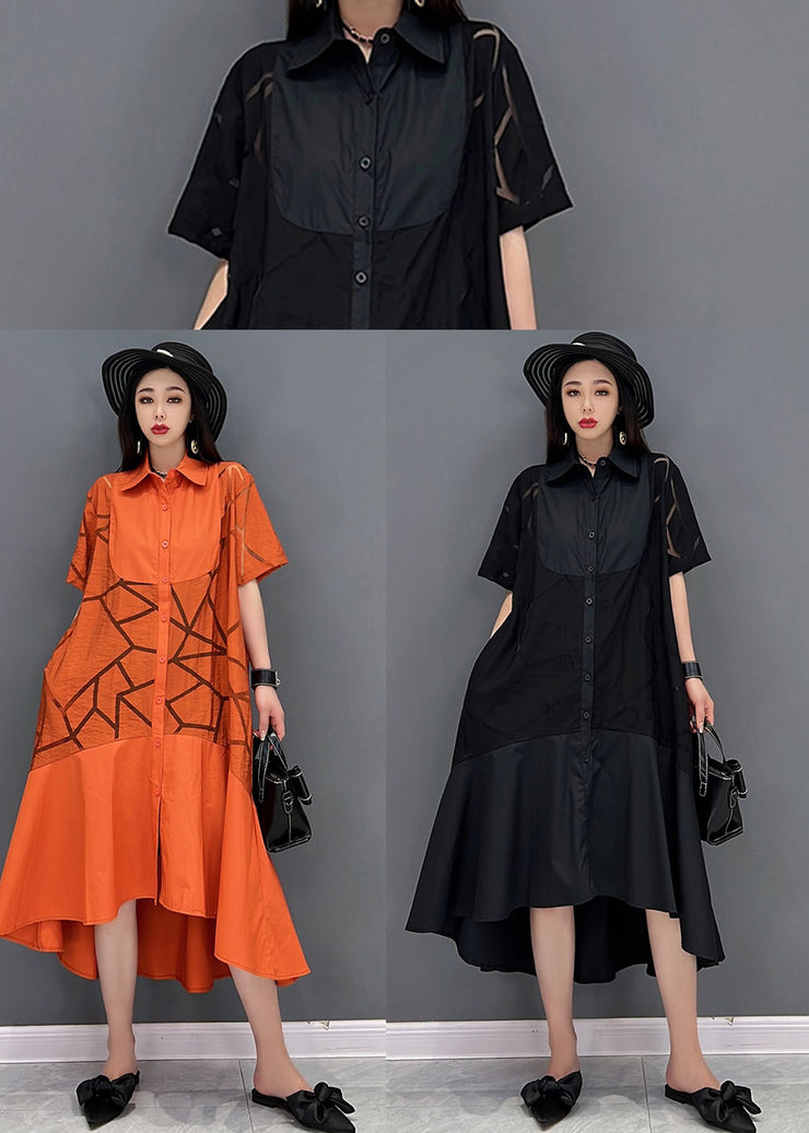 Modern Black Peter Pan Collar Patchwork Cotton Shirt Dress Short Sleeve