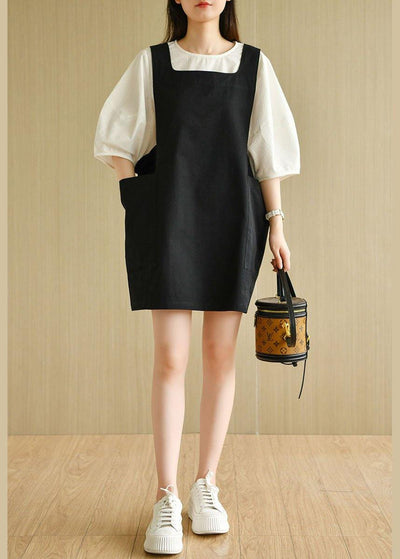 Modern Black Square Collar Pockets Summer Cotton Dresses Sleeveless - SooLinen