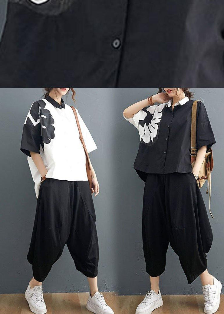 Modern Black Turn-down Collar Summer Cotton Linen Two Pieces Set - SooLinen