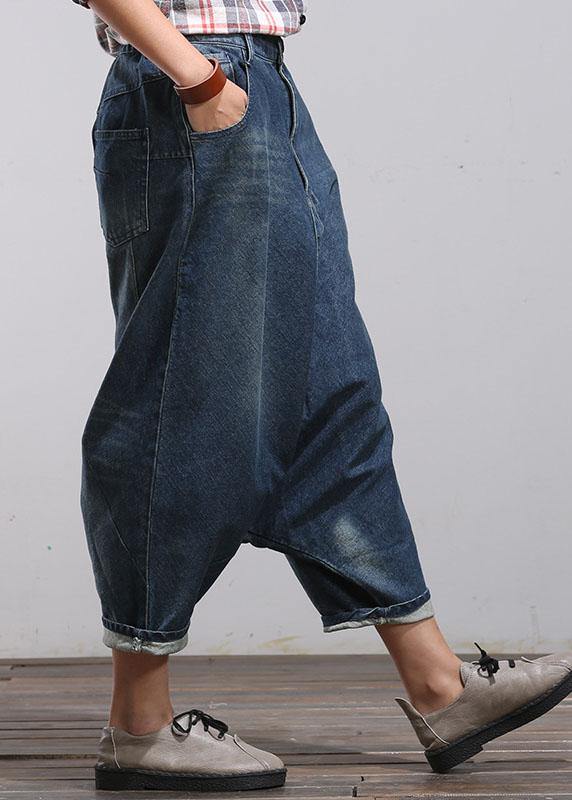 Modern Blue Casual Pockets Wrinkled Fall Harem Denim Pants - SooLinen