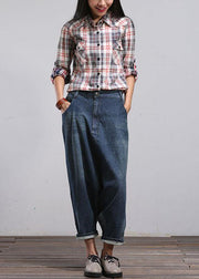 Modern Blue Casual Pockets Wrinkled Fall Harem Denim Pants - SooLinen