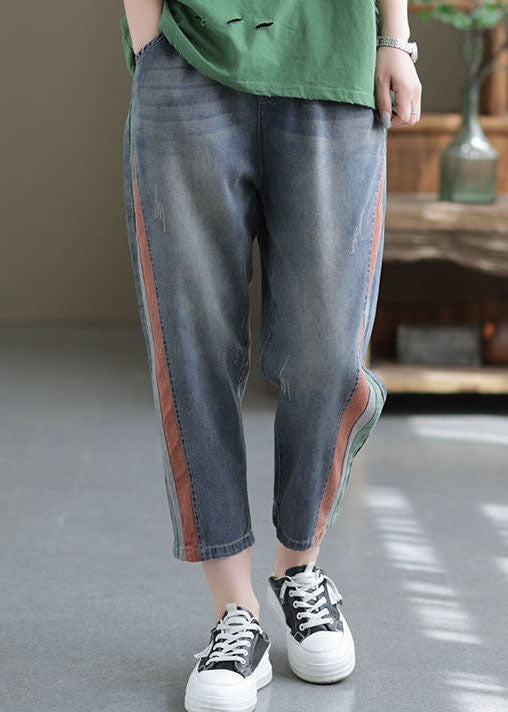 Modern Blue Elastic Waist Patchwork Applique Cotton Crop Pants Summer