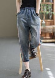 Modern Blue Elastic Waist Patchwork Applique Cotton Crop Pants Summer