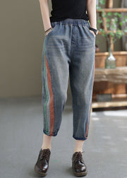 Modern Blue Elastic Waist Patchwork Applique Cotton Crop Pants Summer