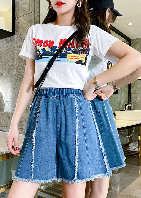 Modern Blue Elastic Waist Patchwork Tassel Cotton Denim Hot Pants Summer