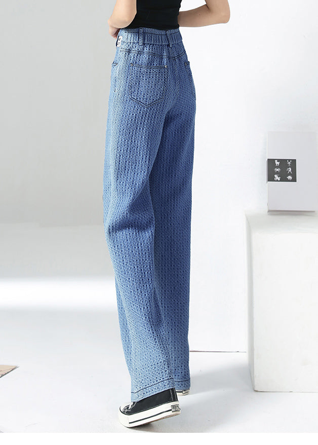 Modern Blue High Waist Zip Up Pockets Plaid Cotton Wide Leg Pants Trousers Summer