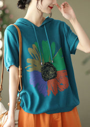 Modern Blue Hooded Original Print Knit Tank Tops Short Sleeve