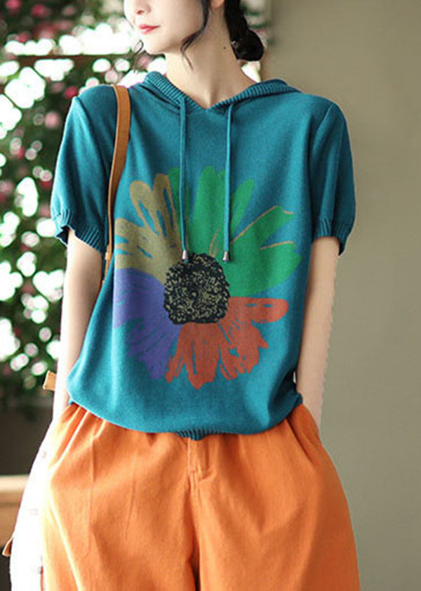 Modern Blue Hooded Original Print Knit Tank Tops Short Sleeve