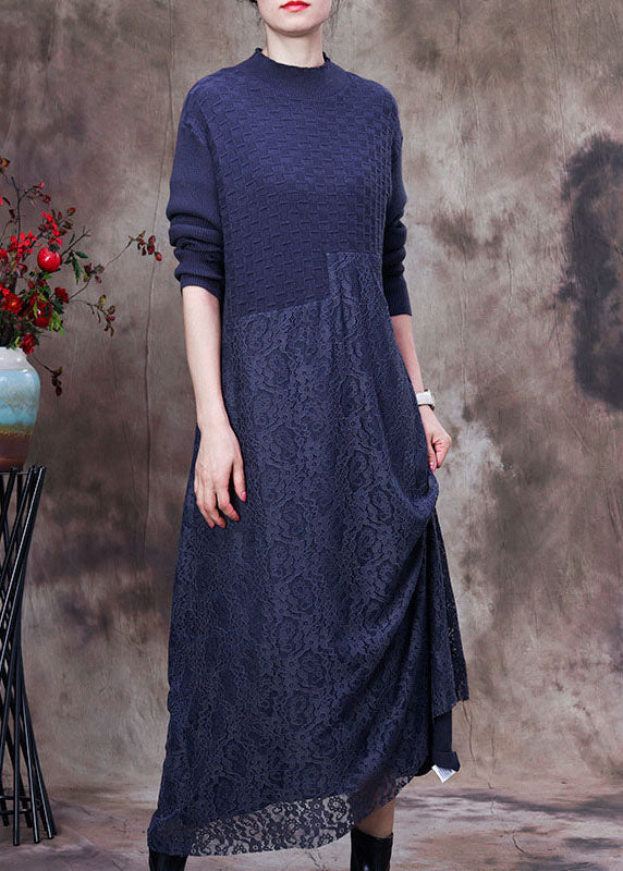 Modern Blue Knit Patchwork Lace Vacation Dresses Spring