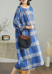 Modern Blue Loose Plaid Patchwork Linen Fall Maxi Dress