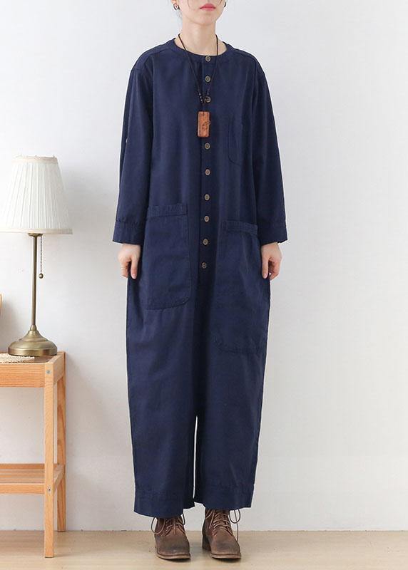 Modern Blue Loose Pockets Fall Button Denim Romper Sets - SooLinen