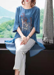 Modern Blue O-Neck side open low high design Embroideried top Half Sleeve