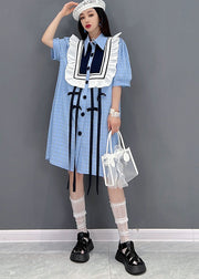 Modern Blue Peter Pan Collar Patchwork Ruffles Plaid Cotton Maxi Dresses Short Sleeve