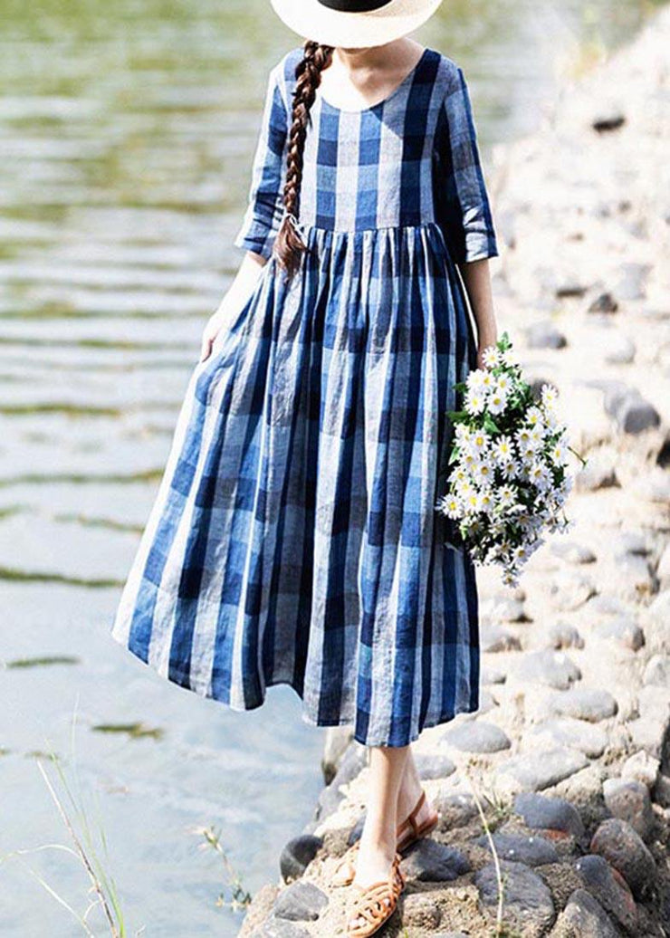 Modern Blue Plaid asymmetrical design Holiday Summer Linen Dress - SooLinen