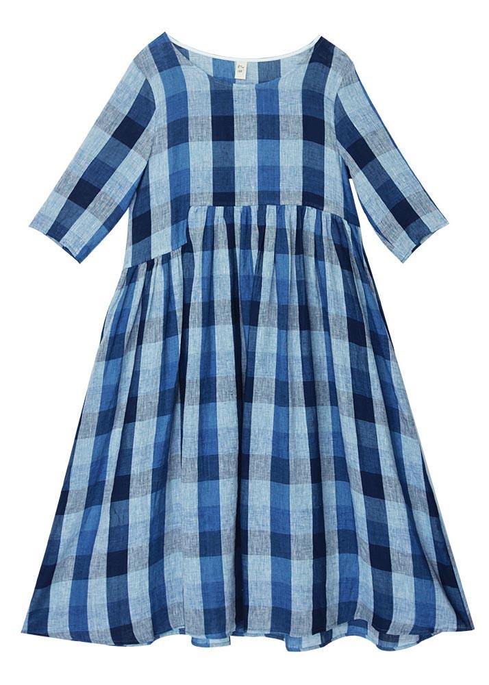 Modern Blue Plaid asymmetrical design Holiday Summer Linen Dress - SooLinen