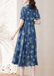 Modern Blue Stand Collar Print Exra Large Hem Cotton Holiday Denim Dresses Short Sleeve