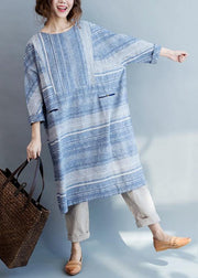 Modern Blue Striped Cotton Pockets Summer Maxi Dresses - SooLinen