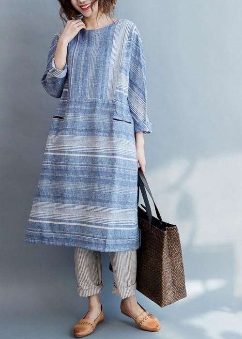 Modern Blue Striped Cotton Pockets Summer Maxi Dresses - SooLinen