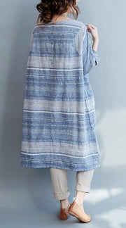 Modern Blue Striped Cotton Pockets Summer Maxi Dresses - SooLinen