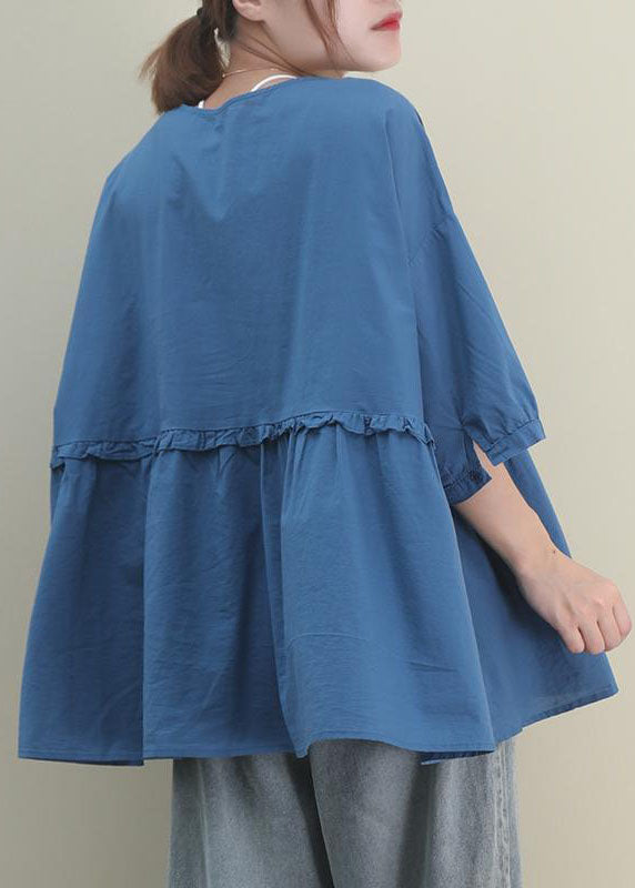 Modern Blue V Neck Ruffled Wrinkled Patchwork Fall Shirt Half Sleeve