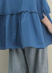 Modern Blue V Neck Ruffled Wrinkled Patchwork Fall Shirt Half Sleeve